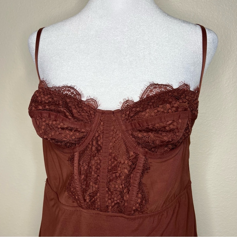 Urban Outfitters Chocolate Brown Lace Bustier Sleeveless Mini Dress Sz L NWT - Picture 6 of 16